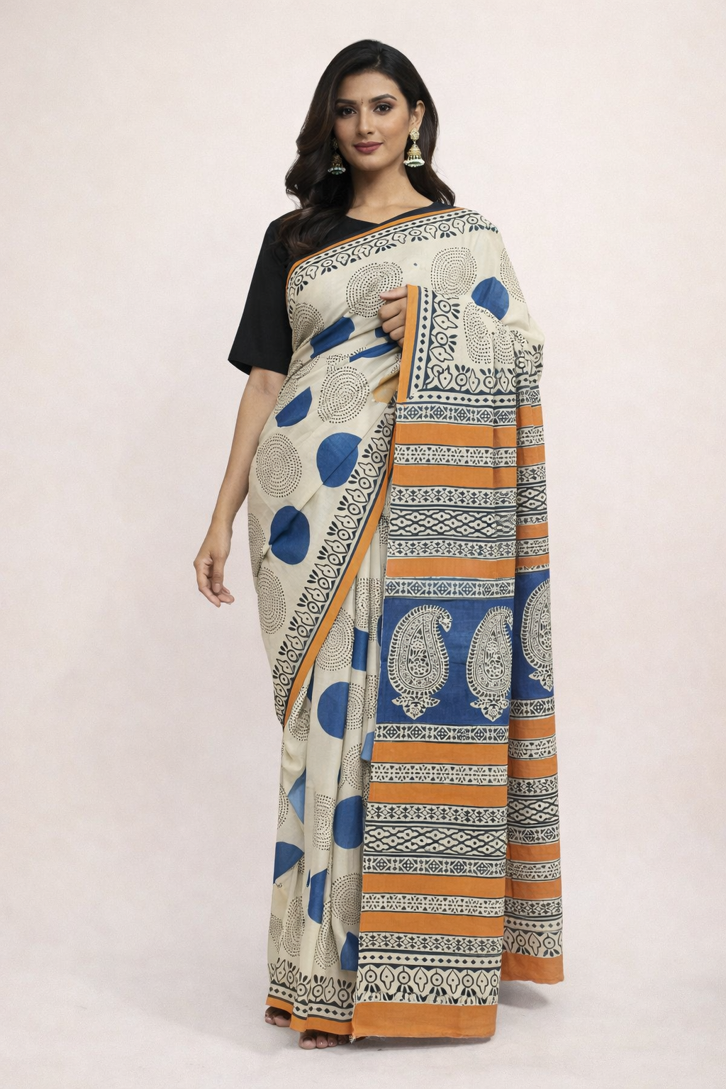 Aabha Beige Hand Block Saree