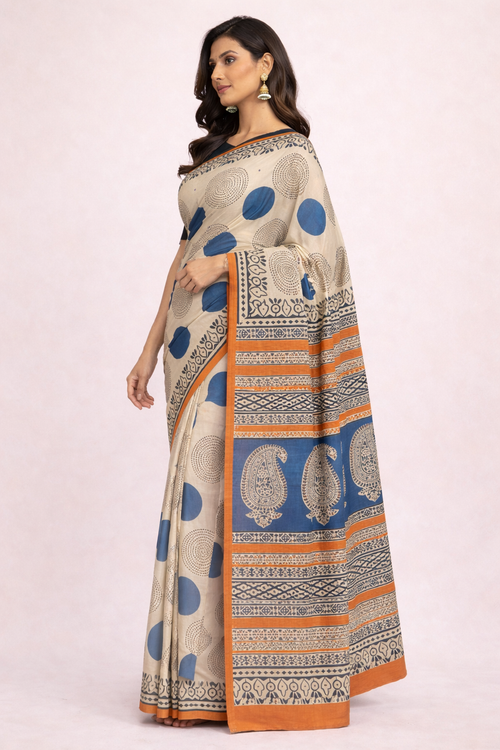 Aabha Beige Hand Block Saree