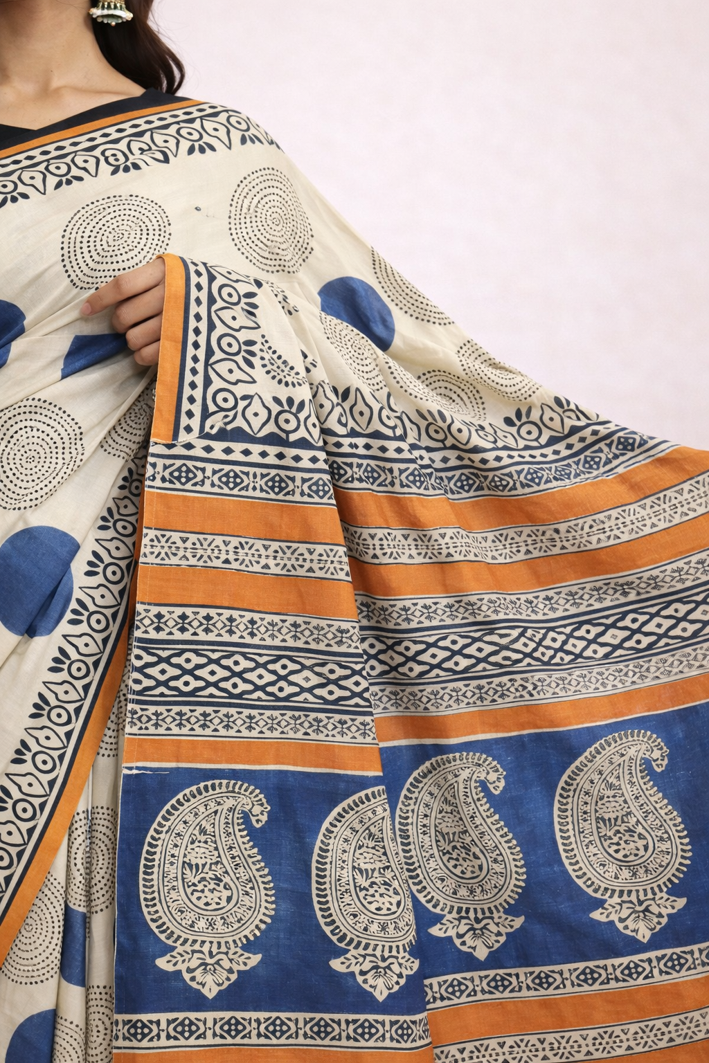 Aabha Beige Hand Block Saree